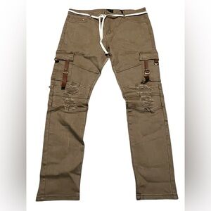 THRT Men's tobacco‎ denim brown distressed ripped Cargo Pants size 44 Rick Ross
